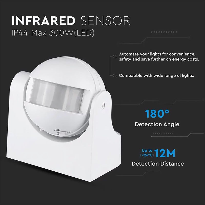 Senzor mișcare cu infraroșu 180° IP44, max 1200 W V-Tac SKU-1354