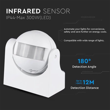 Senzor mișcare cu infraroșu 180° IP44, max 1200 W V-Tac SKU-1354