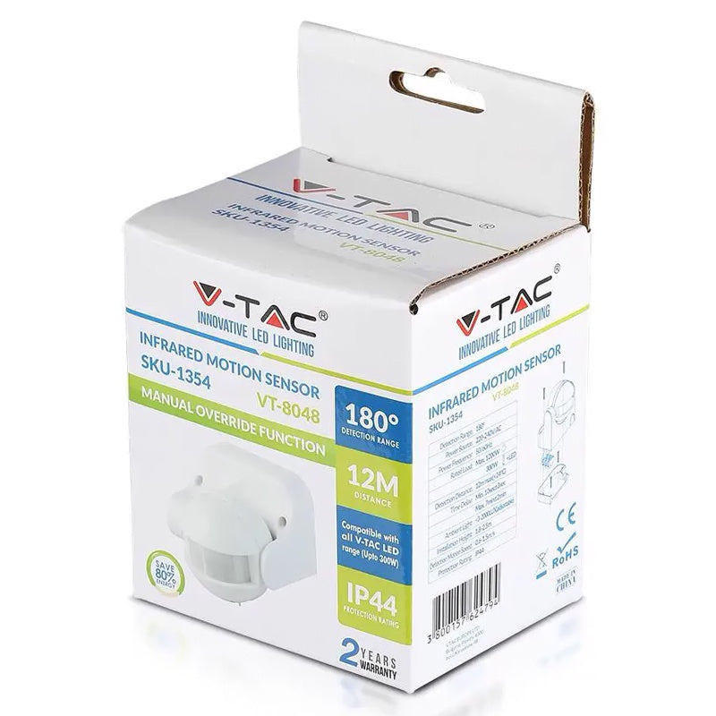 Senzor mișcare cu infraroșu 180° IP44, max 1200 W V-Tac SKU-1354