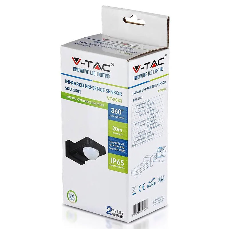 Senzor mișcare 360° IP65 negru pentru 1000 W, V-Tac SKU-15011