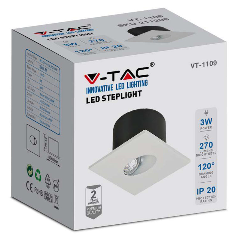 Spot LED steplight 3W pentru scări, pătrat, corp aluminiu, V-Tac