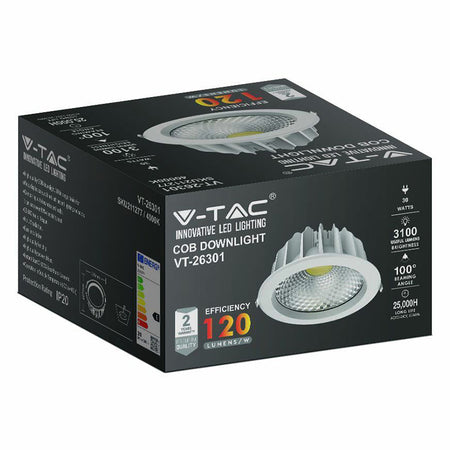 Spot LED cob încorporabil 30W cu eficiență 120 lm/W și corp rotund din aluminiu V-Tac