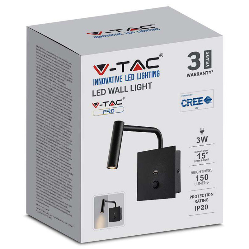 Lampă LED de perete 3W 3000K, negru, aluminiu, V-Tac SKU-211487
