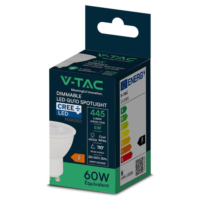 Bec spot LED GU10 6W dimabil 6500K alb rece, cip CREE V-Tac SKU-212006