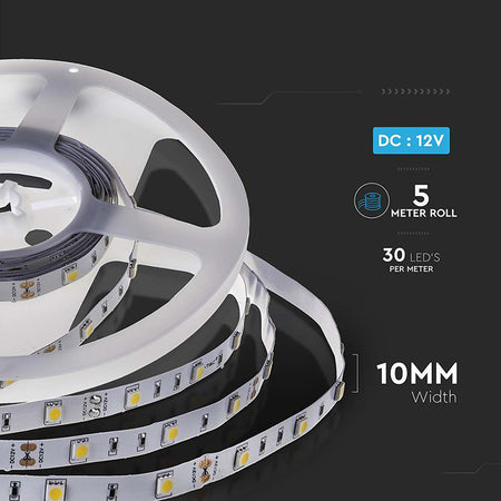 Bandă LED SMD5050 30 LED/m 6400K IP20 5 m, lumina rece, V-Tac SKU-212133
