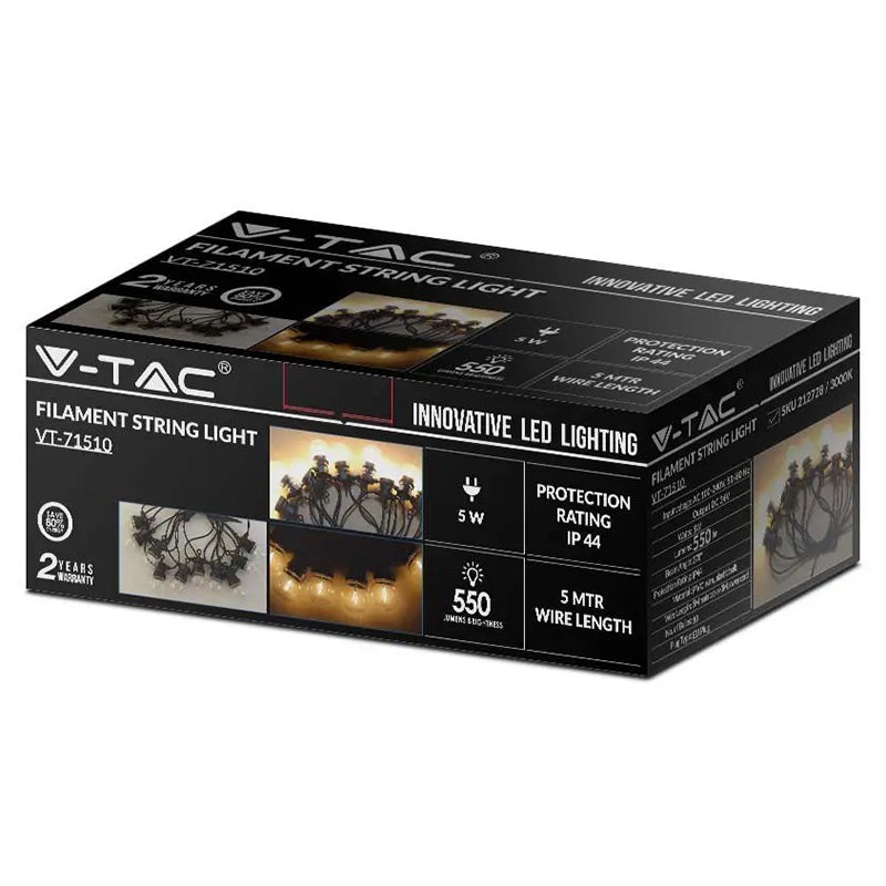 Ghirlandă LED de 5 m cu 10 becuri cu filament alb cald de 3000K V-Tac SKU-212728