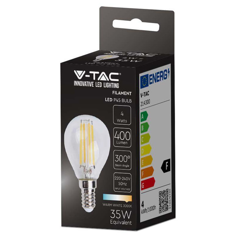 Bec LED cu filament E14 P45 de 4 W cu lumină albă caldă 3000 K V-Tac SKU-214300
