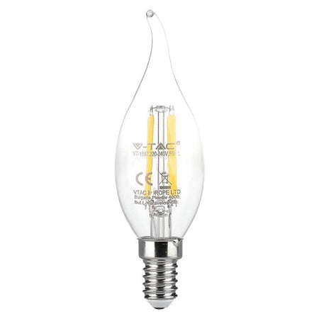 Bec LED cu filament tip flacără de lumânare E14 de 4 W cu lumină alb caldă de 3000 K V-Tac SKU-214302