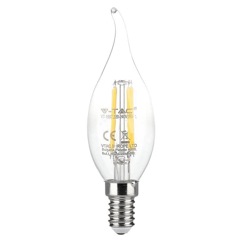 Bec LED cu filament tip flacără de lumânare E14 de 4 W cu lumină alb caldă de 3000 K V-Tac SKU-214302