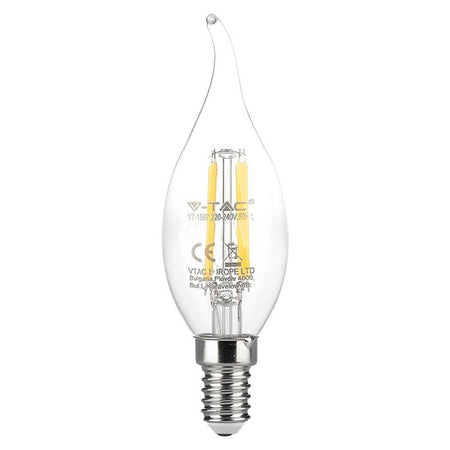 Bec LED cu filament tip flacără de lumânare E14 de 4 W cu lumină alb caldă de 3000 K V-Tac SKU-214302