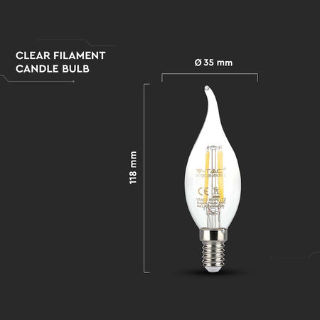 Bec LED cu filament tip flacără de lumânare E14 de 4 W cu lumină alb caldă de 3000 K V-Tac SKU-214302
