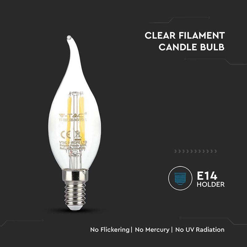 Bec LED cu filament tip flacără de lumânare E14 de 4 W cu lumină alb caldă de 3000 K V-Tac SKU-214302
