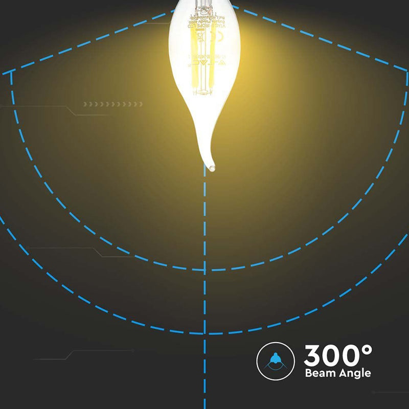 Bec LED cu filament tip flacără de lumânare E14 de 4 W cu lumină alb caldă de 3000 K V-Tac SKU-214302