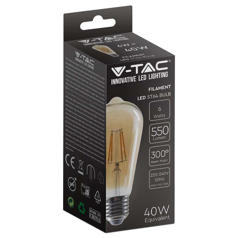 Bec LED ST64 E27 6 W cu filament, 2200K, model Edison V-Tac SKU-214362