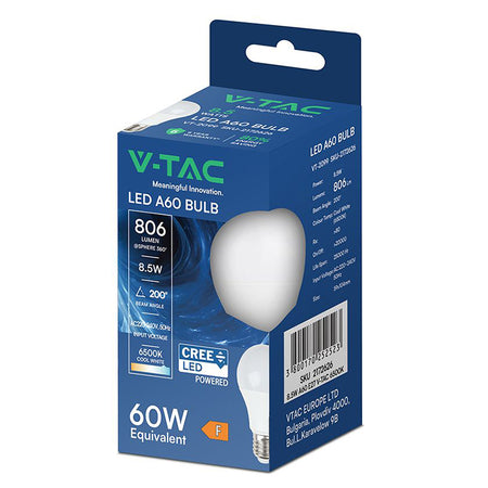 Bec LED A60 E27 8.5W 6500K alb rece, cip CREE, V-Tac SKU-2172626
