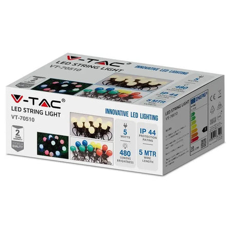 Șir iluminat festiv LED 5 m, 10 becuri, 3000K, exterior IP44 V-Tac SKU-217436