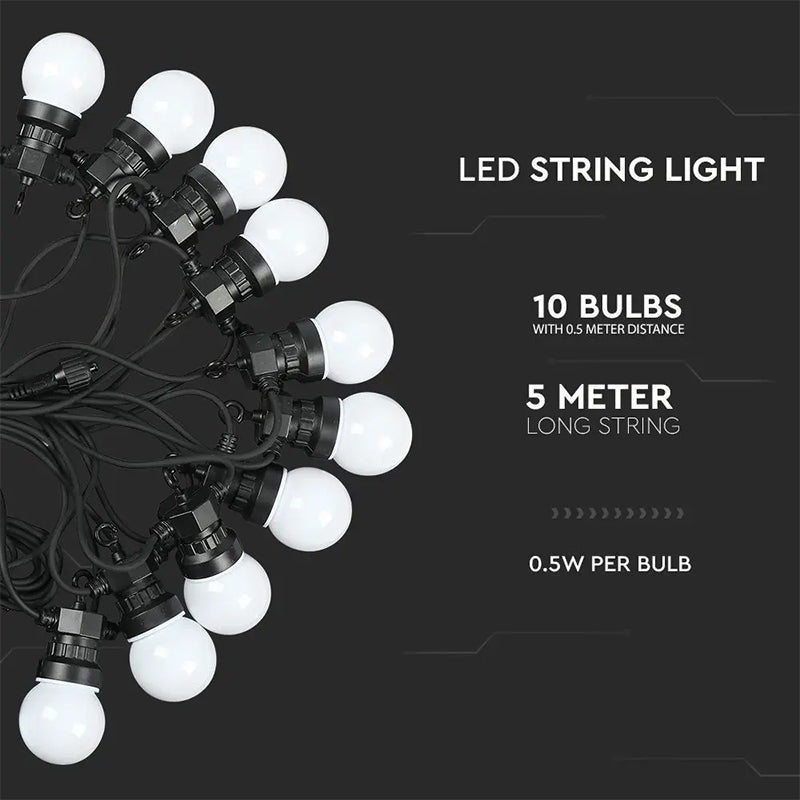 Șir iluminat festiv LED 5 m, 10 becuri, 3000K, exterior IP44 V-Tac SKU-217436