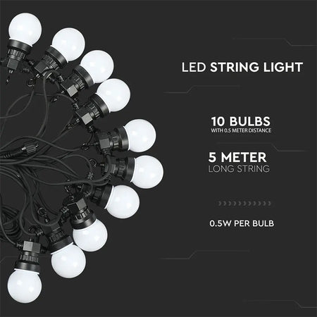 Șir iluminat festiv LED 5 m, 10 becuri, 3000K, exterior IP44 V-Tac SKU-217436
