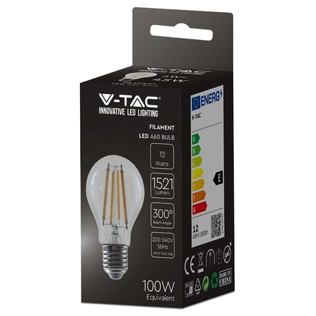 Bec LED filament A60 E27 12 W 3000K alb cald, IP20, V-Tac SKU-217458