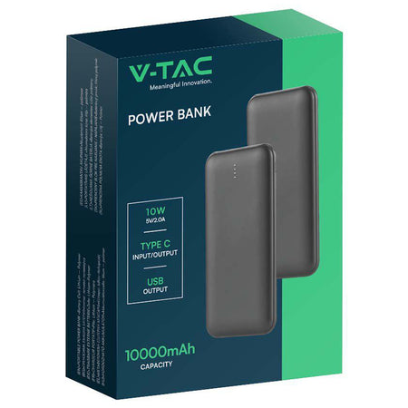Baterie externă power bank de 10000 mAh neagră cu cablu Tip C de 30 cm V-Tac SKU-23036
