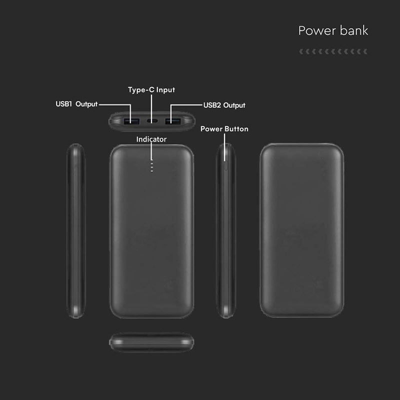 Baterie externă power bank de 10000 mAh neagră cu cablu Tip C de 30 cm V-Tac SKU-23036