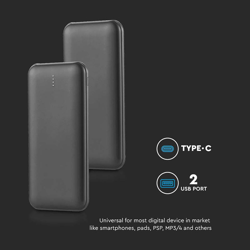 Baterie externă power bank de 10000 mAh neagră cu cablu Tip C de 30 cm V-Tac SKU-23036