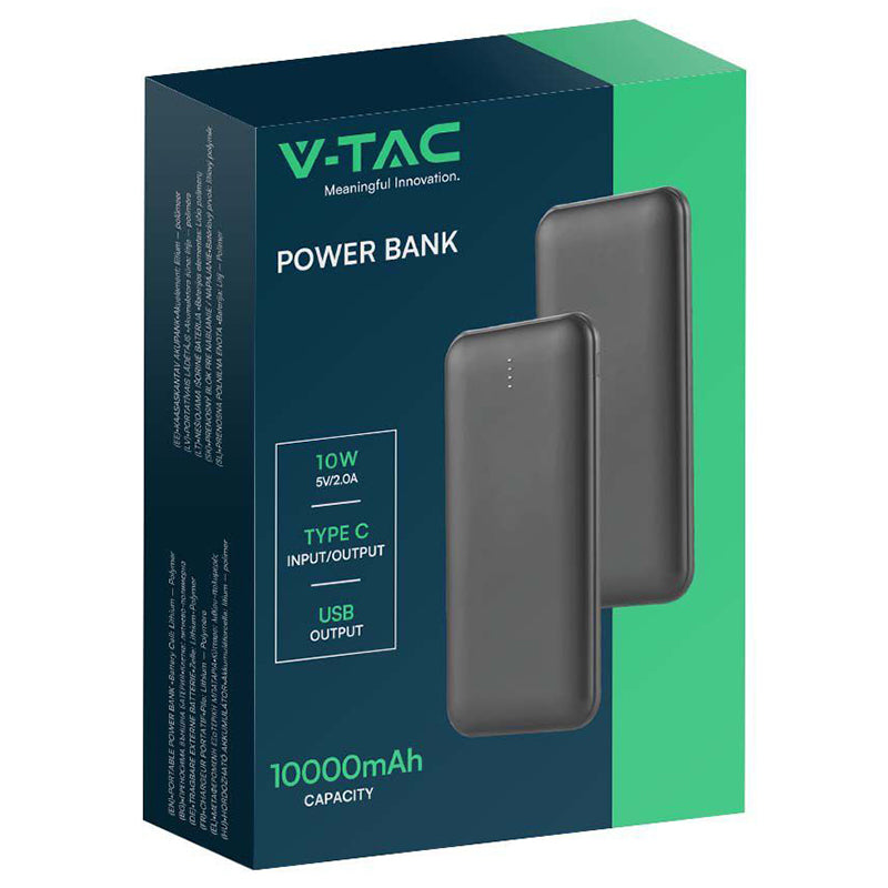 Baterie externă de 10000 mAh gri antracit cu 2 ieșiri USB și intrare tip C V-Tac SKU-23037