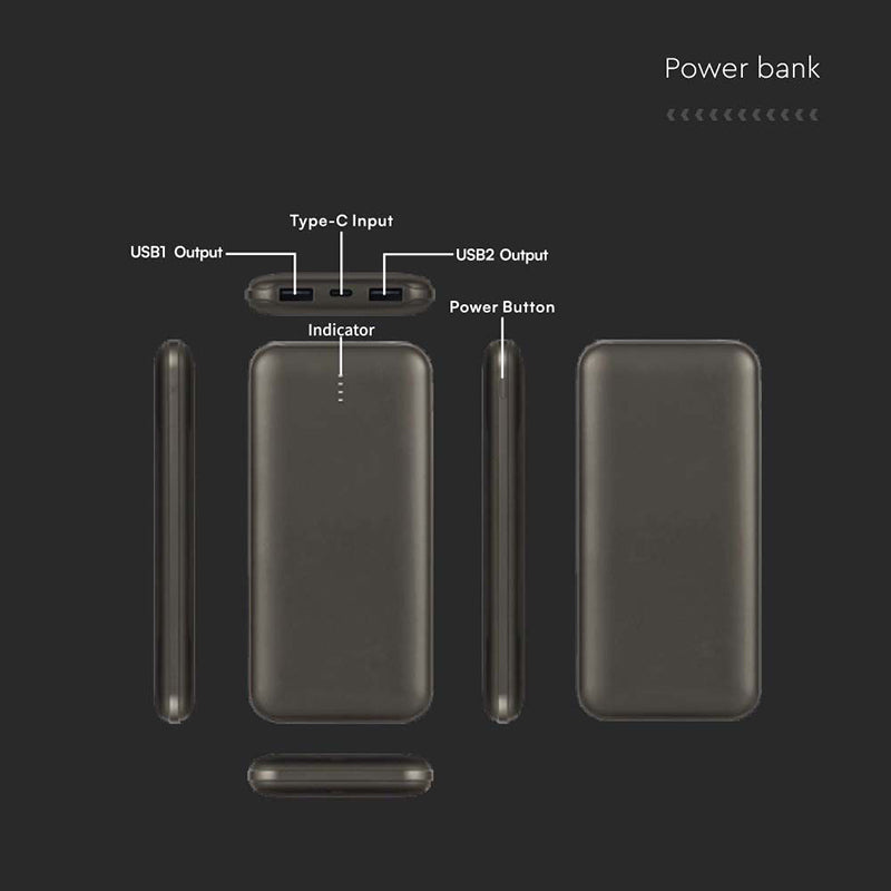 Baterie externă de 10000 mAh gri antracit cu 2 ieșiri USB și intrare tip C V-Tac SKU-23037