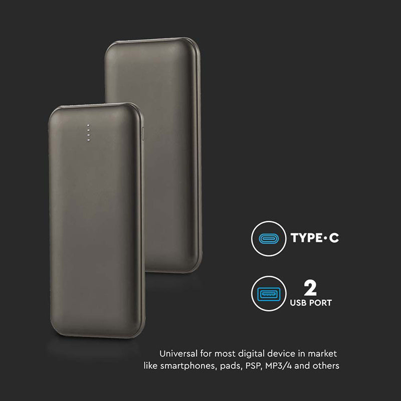 Baterie externă de 10000 mAh gri antracit cu 2 ieșiri USB și intrare tip C V-Tac SKU-23037