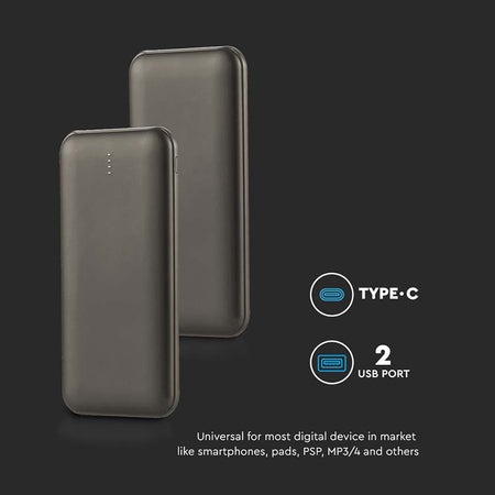 Baterie externă de 10000 mAh gri antracit cu 2 ieșiri USB și intrare tip C V-Tac SKU-23037