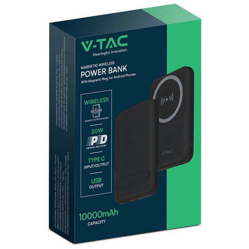 Baterie externă 10000 mAh wireless cu inel magnetic, neagră V-Tac SKU-23038