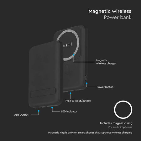 Baterie externă 10000 mAh wireless cu inel magnetic, neagră V-Tac SKU-23038