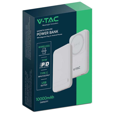 Baterie externă 10000 mAh cu încărcare wireless magnetică 15 W albă V-Tac SKU-23039