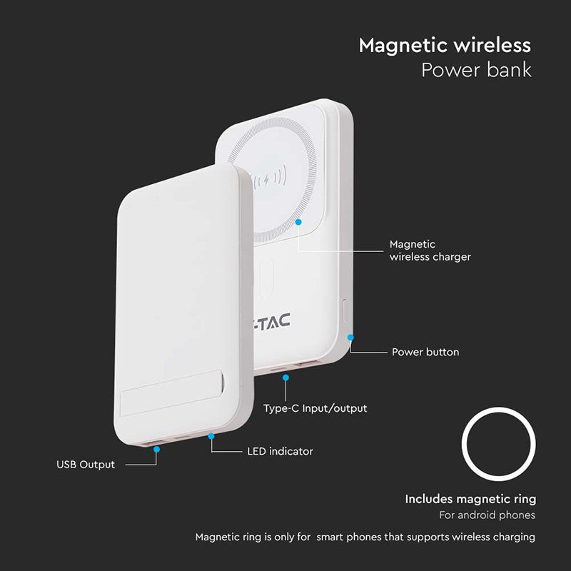 Baterie externă 10000 mAh cu încărcare wireless magnetică 15 W albă V-Tac SKU-23039