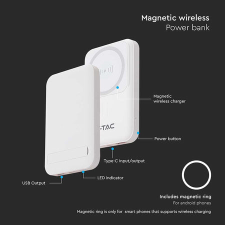 Baterie externă 10000 mAh cu încărcare wireless magnetică 15 W albă V-Tac SKU-23039