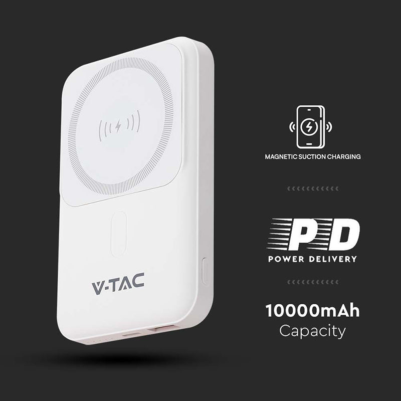 Baterie externă 10000 mAh cu încărcare wireless magnetică 15 W albă V-Tac SKU-23039