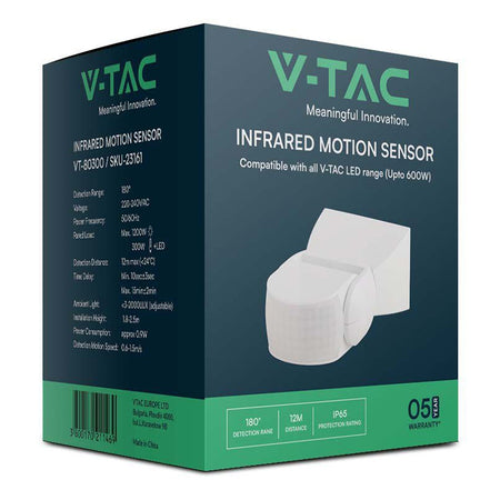 Senzor de mișcare 300 W, 180° IP65, alb, V-Tac SKU-23161