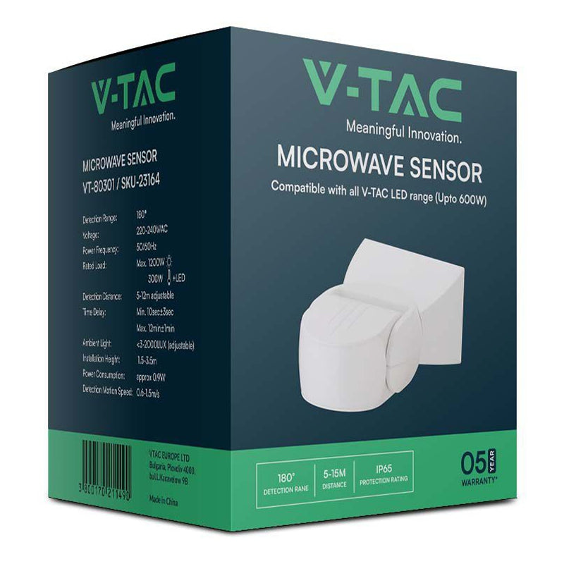 Senzor de mișcare 300 W, 180° IP65, alb, exterior, V-Tac SKU-23164