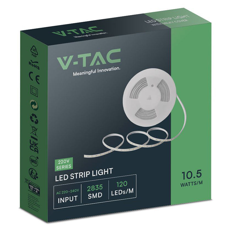 Bandă LED SMD 2835 roșie de 10,5 W/m la 220-240 V IP65 pe rolă de 10 m V-Tac SKU-23724