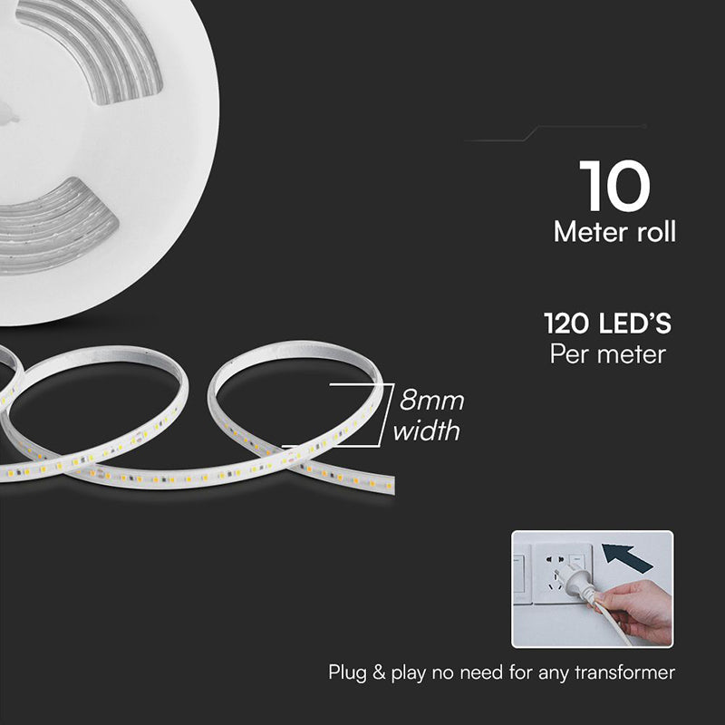 Bandă LED SMD 2835 roșie de 10,5 W/m la 220-240 V IP65 pe rolă de 10 m V-Tac SKU-23724