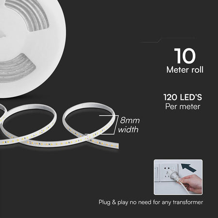Bandă LED SMD 2835 pe rolă de 10 m cu lumină alb rece 6500K și protecție IP65 V-Tac SKU-23729