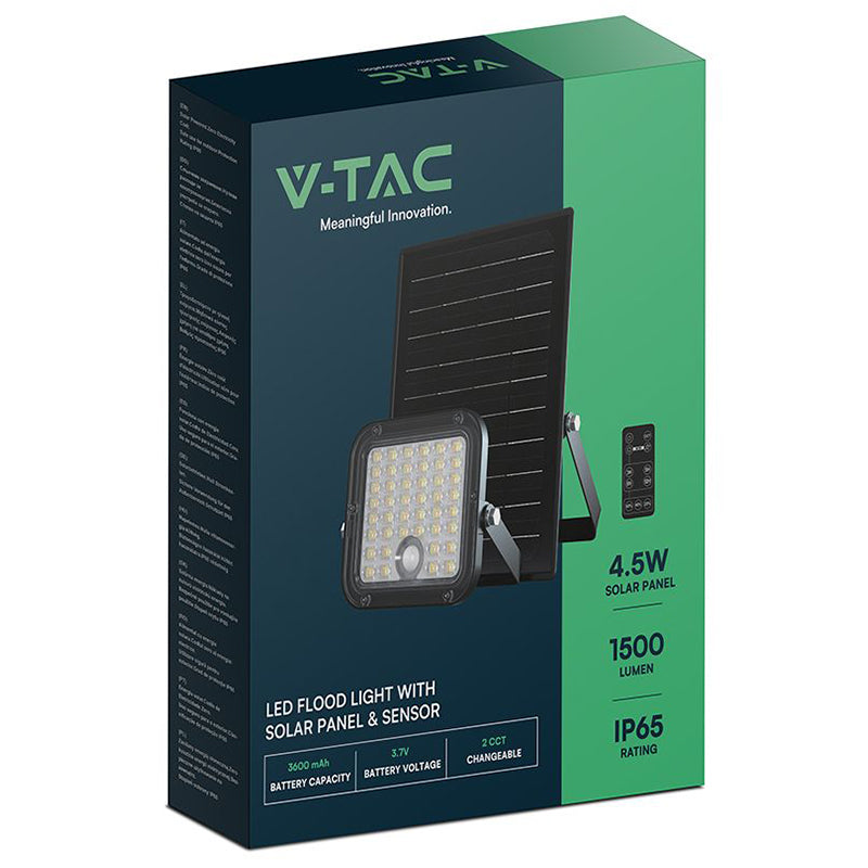 Reflector cu încărcare solară 10W, 1500 lm, 4000K+6400K, IP65, negru V-Tac SKU-23756