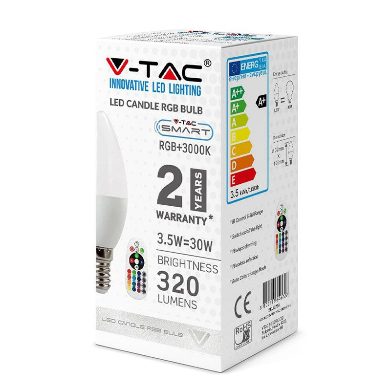Bec LED tip lumânare E14 de 3,5 W RGB și 6400 K dimabil cu telecomandă V-Tac SKU-2771