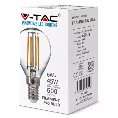 Bec LED cu filament E14 P45 de 6 W cu lumină albă neutră 4000 K V-Tac SKU-2846