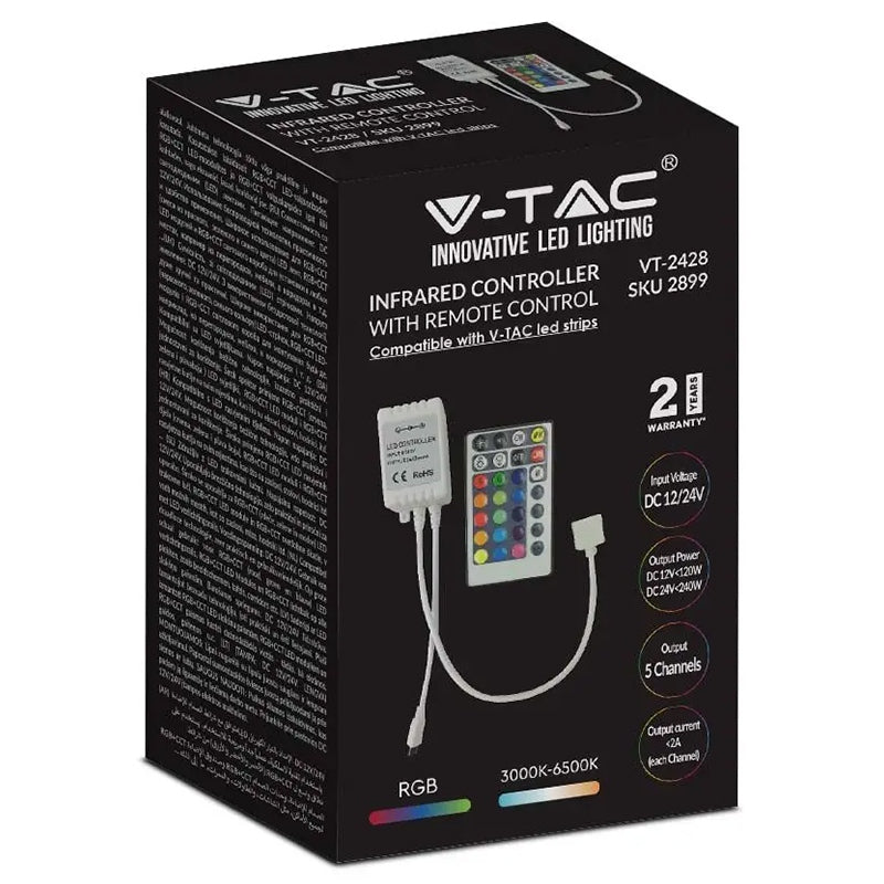 Controler pentru bandă LED RGB + alb cu telecomandă cu 26 de butoane, 12-24 V V-Tac SKU-2899