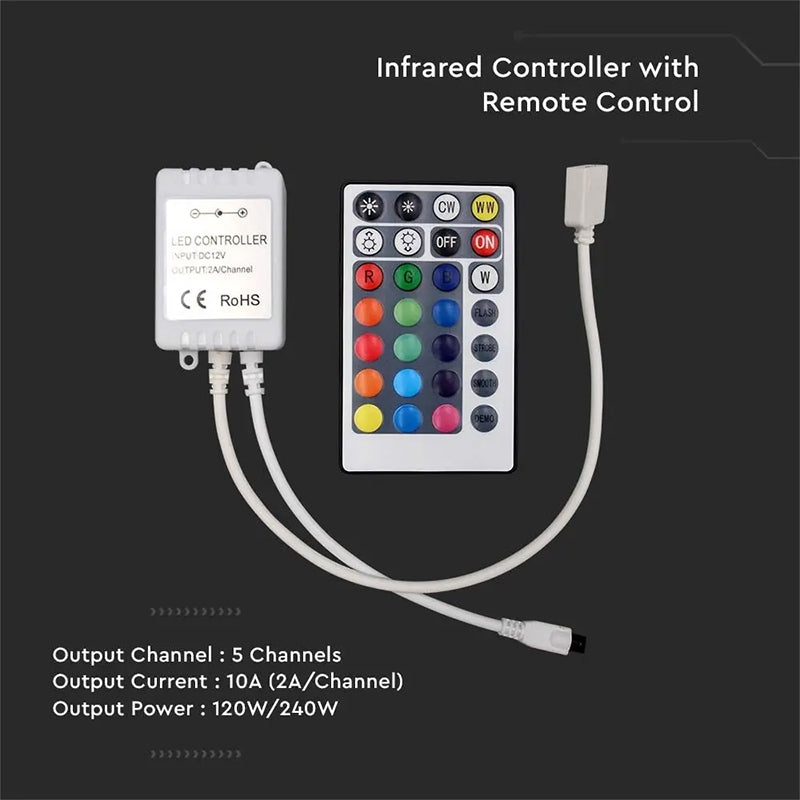 Controler pentru bandă LED RGB + alb cu telecomandă cu 26 de butoane, 12-24 V V-Tac SKU-2899