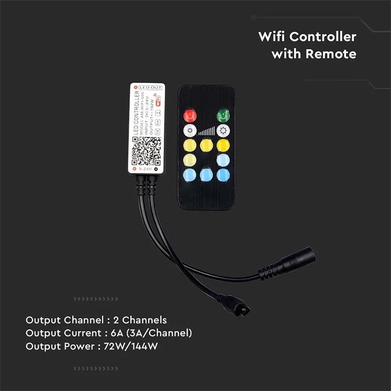 Controler bandă LED 3în1 Wi-Fi de 12-24 V cu telecomandă cu 12 butoane V-Tac SKU-2902
