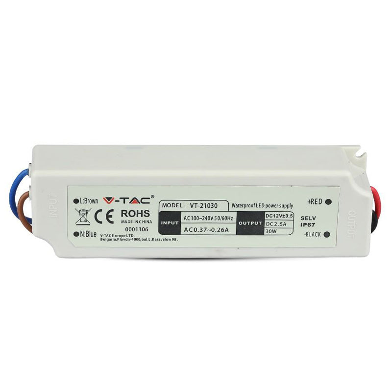 Sursă de alimentare slim de 12 V, 30 W și 2,5 A cu protecție IP67 V-Tac SKU-3271