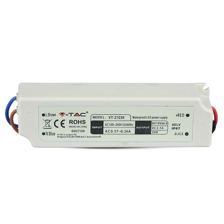 Sursă de alimentare slim de 12 V, 30 W și 2,5 A cu protecție IP67 V-Tac SKU-3271