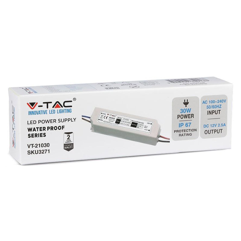 Sursă de alimentare slim de 12 V, 30 W și 2,5 A cu protecție IP67 V-Tac SKU-3271